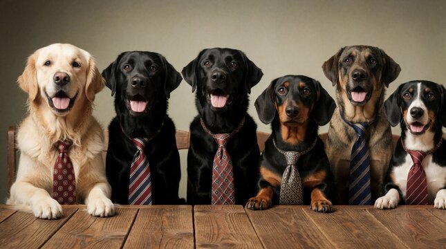 Six friendly dogs wear colorful neckties sitting behind wooden table. Happy animals mimic business meeting corporate environment. Cute pets behave pro team members looking direct lens. Funny canines