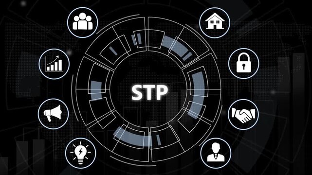 Stp segmentation targeting positioning marketing strategy concept animated infographic with business and digital hud interface for corporate presentations, management consulting, and strategic