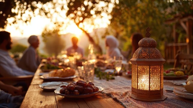 Muslim family sharing traditional iftar meal together at sunset with dates and decorative lanterns on table representing Ramadan spiritual gathering and cultural unity celebration in peaceful home.