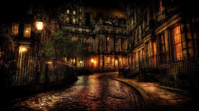 Cobbled street at night, old buildings