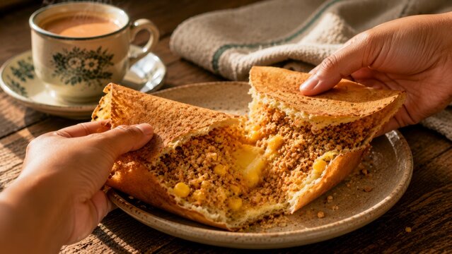 Traditional Malaysian Apam Balik with Hot Teh Tarik, Peanut Pancake and Milk Tea Breakfast