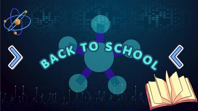 Science and technology education graphic featuring back to school text, atom model, and book over a digital blue circuit background.