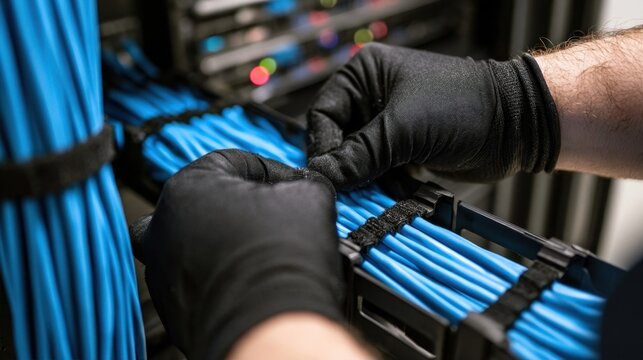 Hands in black gloves organizing blue network cables in a server rack
