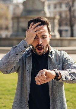 Shocked Young Man Checking Wristwatch and Realizing He is Late for an Important Meeting Outdoors