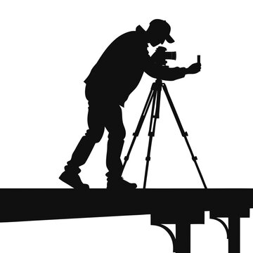 Professional photographer silhouette with camera and tripod, cameraman filming on a bridge or pier, black and white vector illustration of a filmmaker