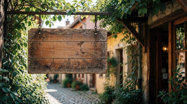 Empty wooden store sign hangs on metal bracket outside rustic building. Weathered timber board sits in narrow street with green climbing plants, stone wall. Old village shop signage provides space