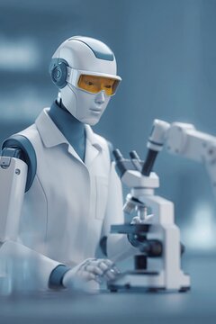 Advanced humanoid robot and robotic arm analyzing samples with a microscope in a high tech laboratory environment