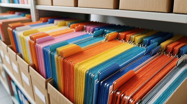 Colorful hanging files, folders organized neatly on office shelves. Rows of vibrant document folders stored in cardboard boxes for systematic archive management. Tidy storage system helps business