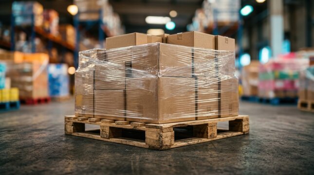 Cardboard boxes stacked on wooden pallet wrapped in plastic for shipping.