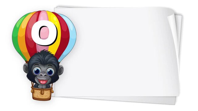 Cartoon Gorilla in Hot Air Balloon Floating Beside Blank White Paper