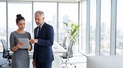 Fototapeta premium Business professionals discussing project details on a tablet inside a modern office with large windows and cityscape view