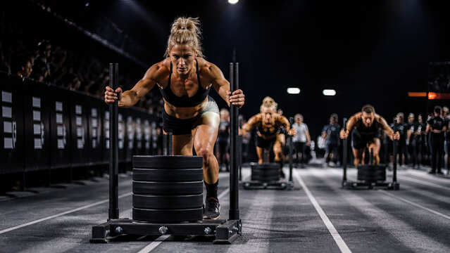 Female athlete pushing sled with weights in competitive fitness competition arena with spectators concept of strength determination and athletic excellence