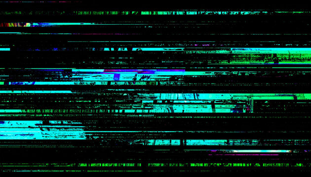 Abstract black digital signal background with bright cyan and green wave distortions, layered horizontal scanlines, RGB ghosting, fragmented pixels and electronic interference.