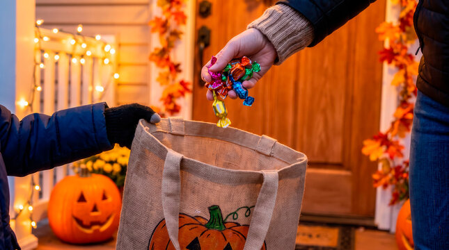 Person dropping colorful candy into a childs trick or treat bag on Halloween