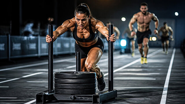 Athletic woman pushing weighted sled machine at night on urban rooftop with determined expression during intense fitness training workout