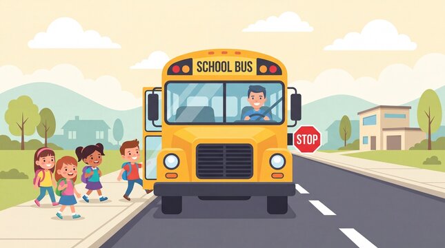 Cartoon illustration of a yellow school bus with children walking on the sidewalk, trees and houses visible in a suburban neighborhood setting