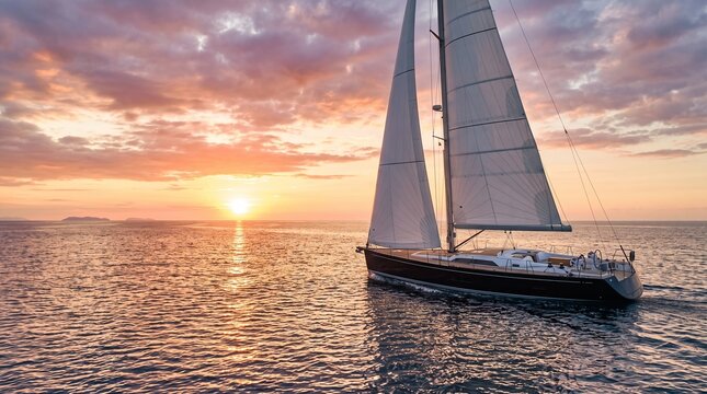 Luxury sailing yacht cruising on the open ocean at sunset for travel charter and wealth management advertising