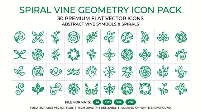 Collection of green spiral vine and floral vector geometric icons for design projects