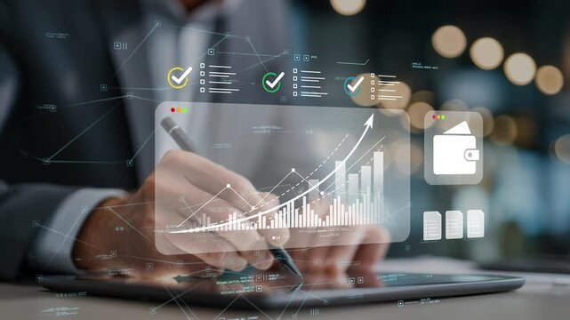 Financial goal tracking and budget management system supporting wealth development, savings objectives and business professional reviewing progress in modern office