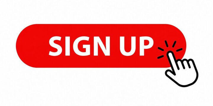 Red sign up button with finger clicking illustration