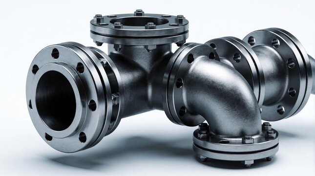 Close-up metal pipe fitting with flanges and bolts. Industrial junction connects fluid transport lines. Shiny steel component for construction.