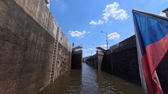 Prague Lock Chamber Water Level Adjustment Boat Sailing Vltava River POV