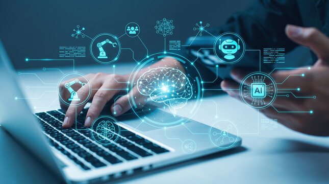 Artificial intelligence concept with glowing brain network connected to robotics and machine learning icons over person typing on laptop keyboard