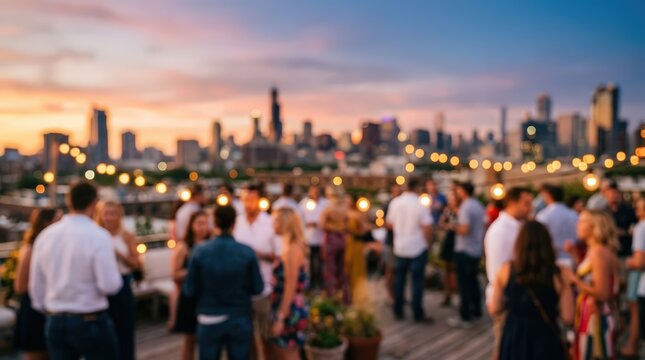 Rooftop party sunset city skyline blurred bokeh social gathering summer evening urban lifestyle celebration background