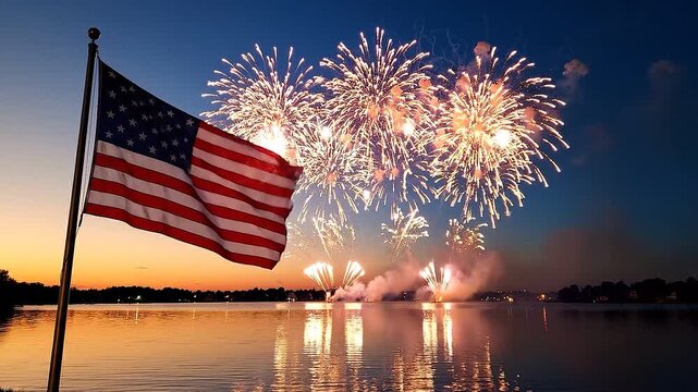 American flag waving over a lake with colorful fireworks in the night sky during fourth of july