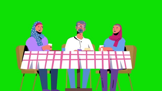 Muslim Family Sharing a Meal at Dining Table on Green Screen Animation