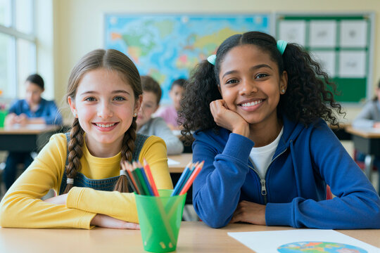 Portrait of Caucasian girl and African American girl studying in classroom, smiling at camera, representing inclusive education and school friendship. Ideal for learning campaigns