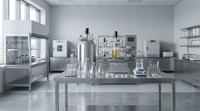A modern scientific laboratory filled with stainless steel equipment glassware and bioreactors