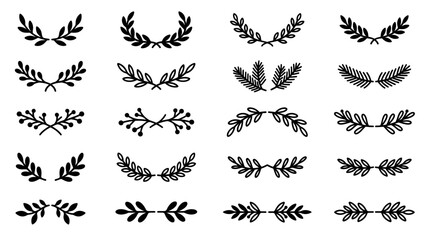 Fototapeta premium Laurel wreath icons and botanical branch dividers showcasing hand drawn leaves, decorative laurel wreaths and floral borders, symbolizing elegant award design and vintage botanical decoration