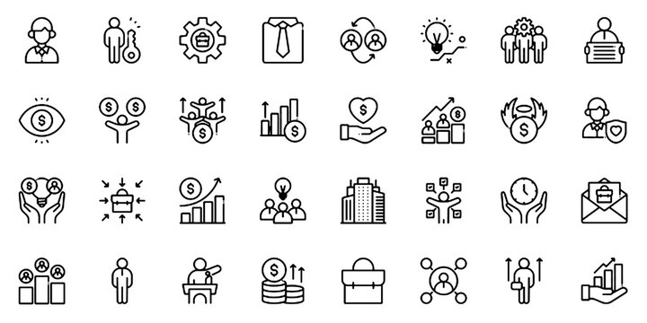 A collection of Founder icons set with editable stroke, including risk taker, leader, strategy, entrepreneur, visionary, innovator, acquisition, retirement, pioneer. Thin linear vector illustration.