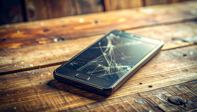 A broken smartphone with a shattered screen lying on a rustic wooden table surface.