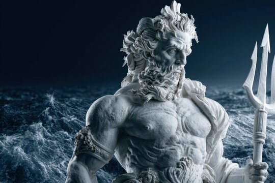 White marble statue of poseidon holding a trident against a dark, stormy sea