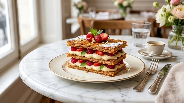 Delicious traditional French mille-feuille dessert with vanilla cream and fresh berries served on a marble table in a cozy cafe setting