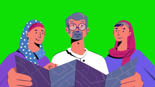 Cartoon Muslim Family Planning Trip with Map on Green Screen Animation