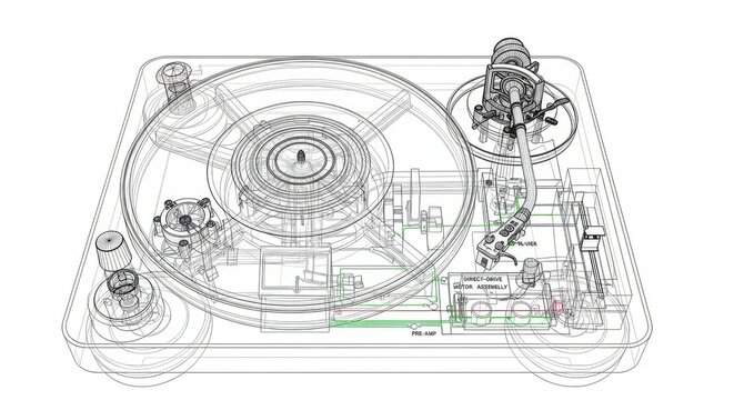 Technical Wireframe Drawing of a Modern Direct-Drive Turntable Record Player with Internal Components and Engineering Details