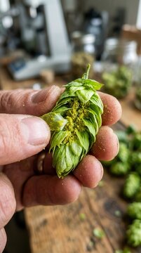 Freshly Harvested Aromatic Hops Held in Hand