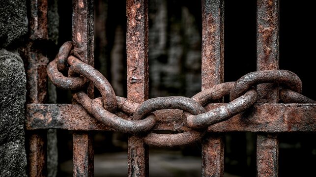 Rusted iron gate detail with chain and lock, dramatic side light on metal texture and closure, industrial decay architecture