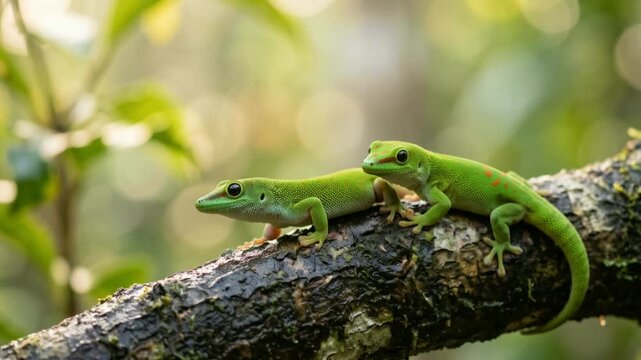 two green gecko close up in new caledonia rainforest morning light video