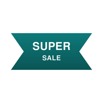 Teal ribbon banner badge with white text SUPER SALE, flat bow tie label style, vector illustration isolated on white background.