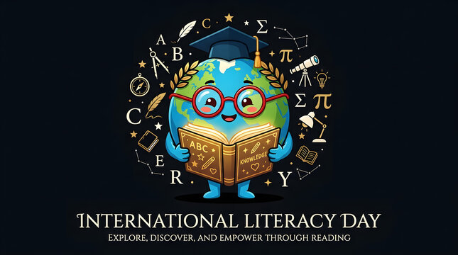 International literacy day concept featuring a cute globe wearing a graduation cap reading a book