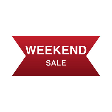Red ribbon banner badge with white text WEEKEND SALE, flat bow tie label style, vector illustration isolated on white background.