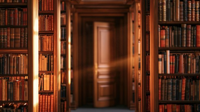 Classic library corridor with tall wooden shelves and ajar door, natural light and dust, architectural interior design