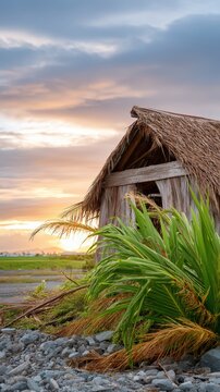 Hurricane damaged thatched hut in a tropical landscape at sunset