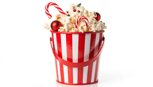 Festive striped bucket filled with popcorn candy canes and holiday ornaments for seasonal celebration treat with red white striped metal bucket overflowing fluffy popcorn