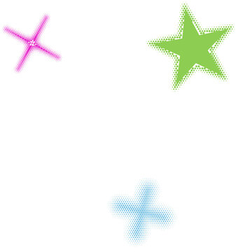 Three colorful hand drawn star shapes with a textured halftone dot pattern effect for design