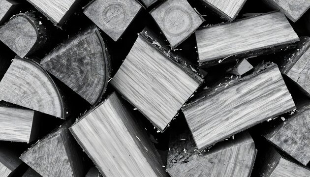 Monochromatic close-up overhead shot of a pile of cut firewood logs